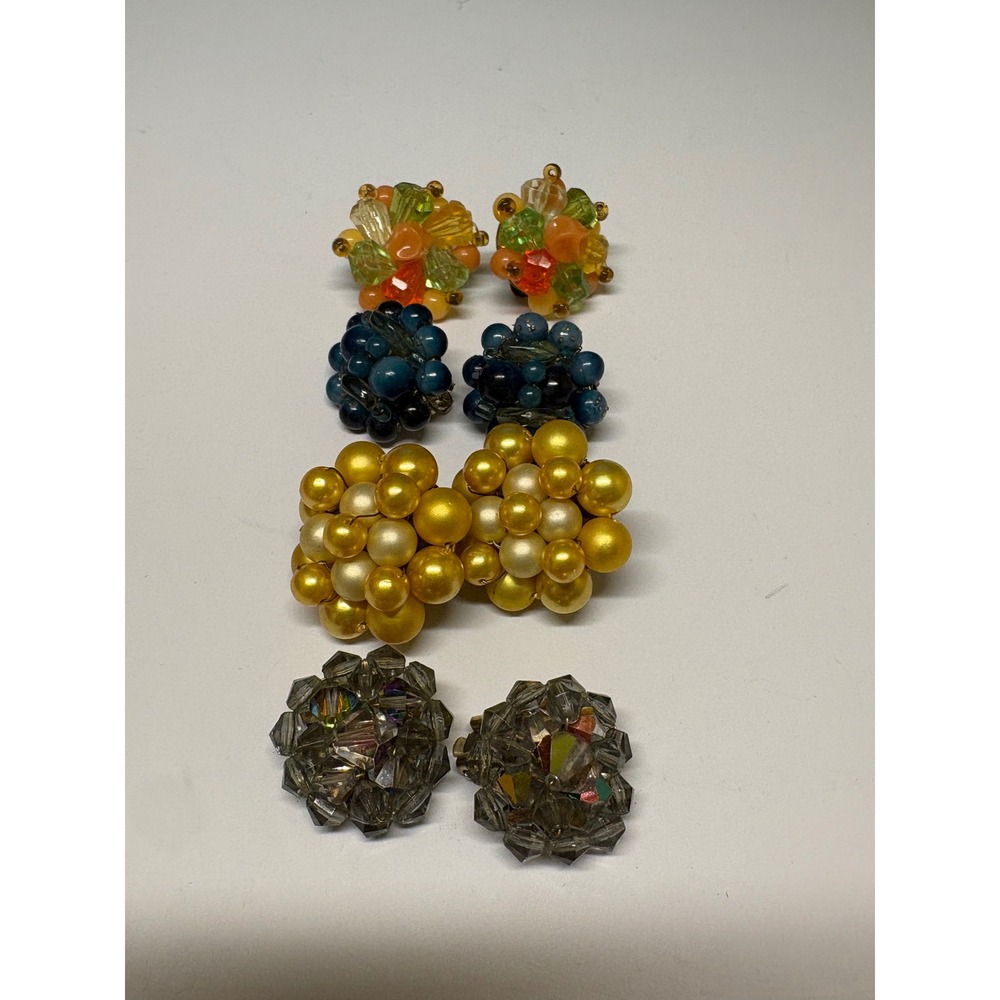 Vintage Clip On Earring Lot 4 Pairs Cluster Beaded Pearl Crystal Mid Century MCM - Picture 3 of 6